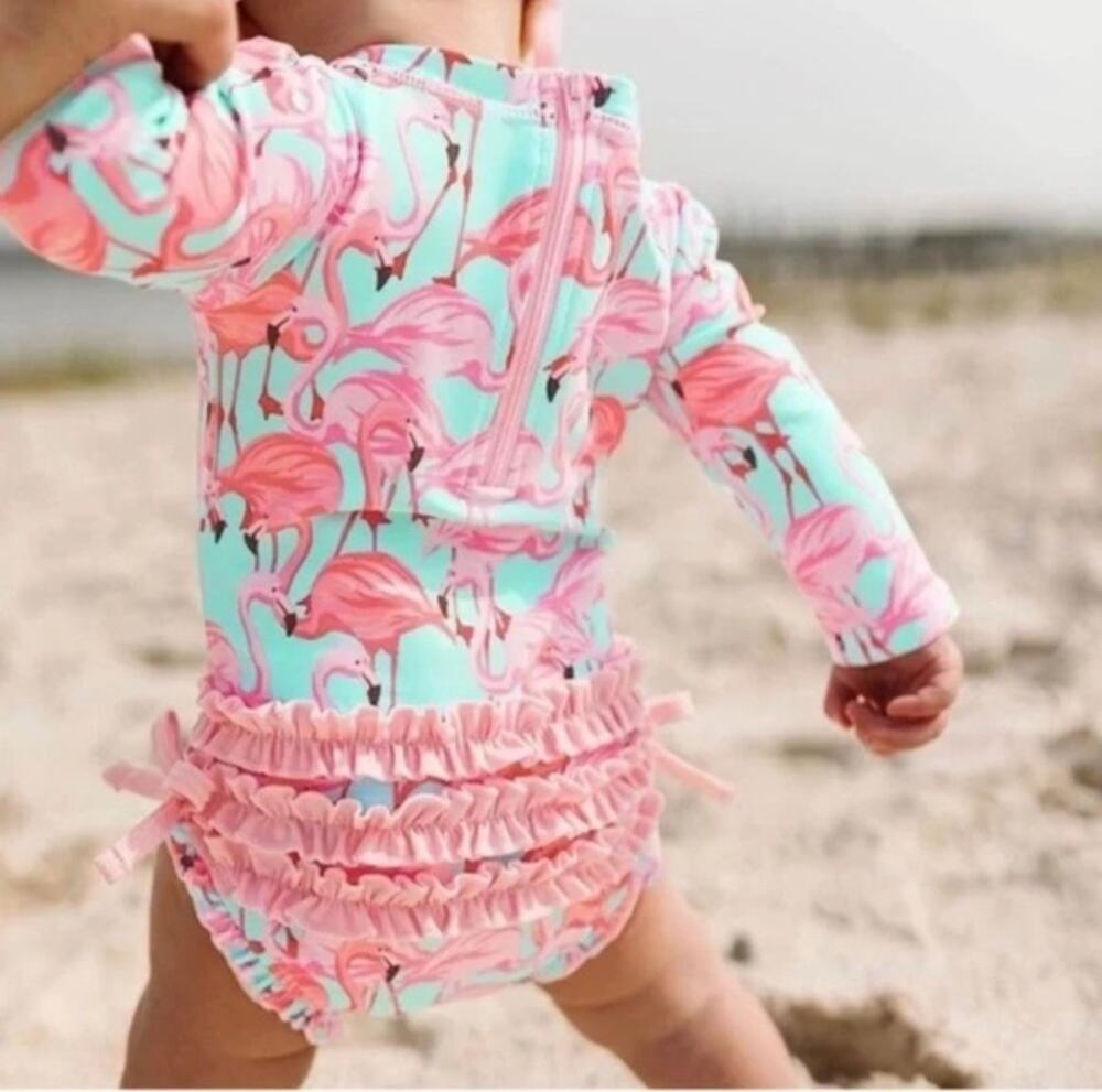 RuffleButts Vibrant Flamingo Long Sleeve One Piece Rash Guard Swimsuit 18-24 MO